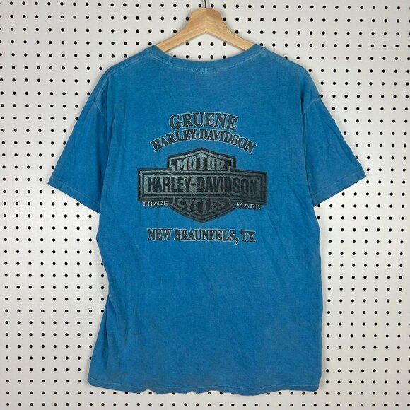 Harley Davidson Motorcycle Biker T Shirt Medium Blue Work Custom Paint Gruene TX - Picture 1 of 8